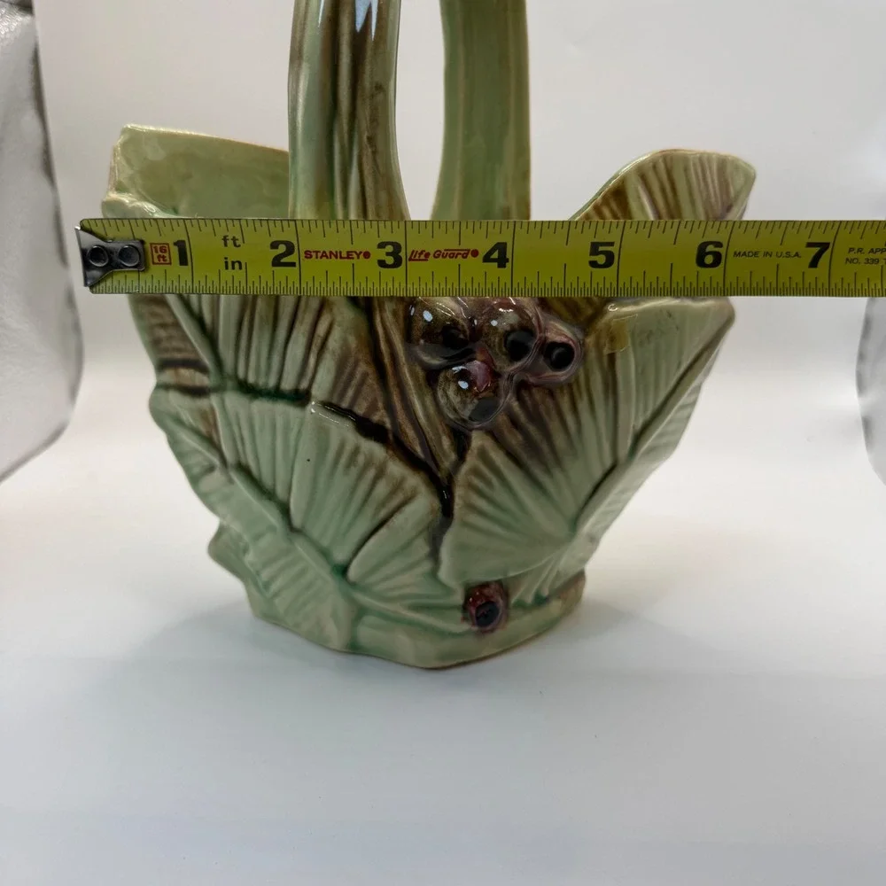 Vintage McCoy Pottery Leaf and Berry Basket Planter Green Brown Glossy USA